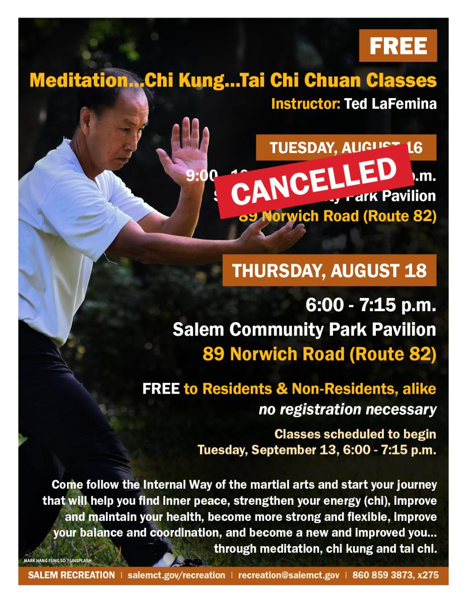  Free Tai Chi Classes re-scheduled to this Thursday, August 11, due to impending inclement weather!