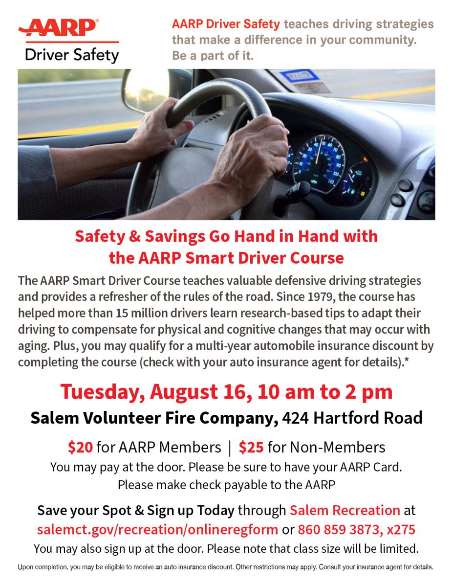 AARP Driver Safety Course, Tuesday, August 16, 10am-2pm, Salem Firehouse