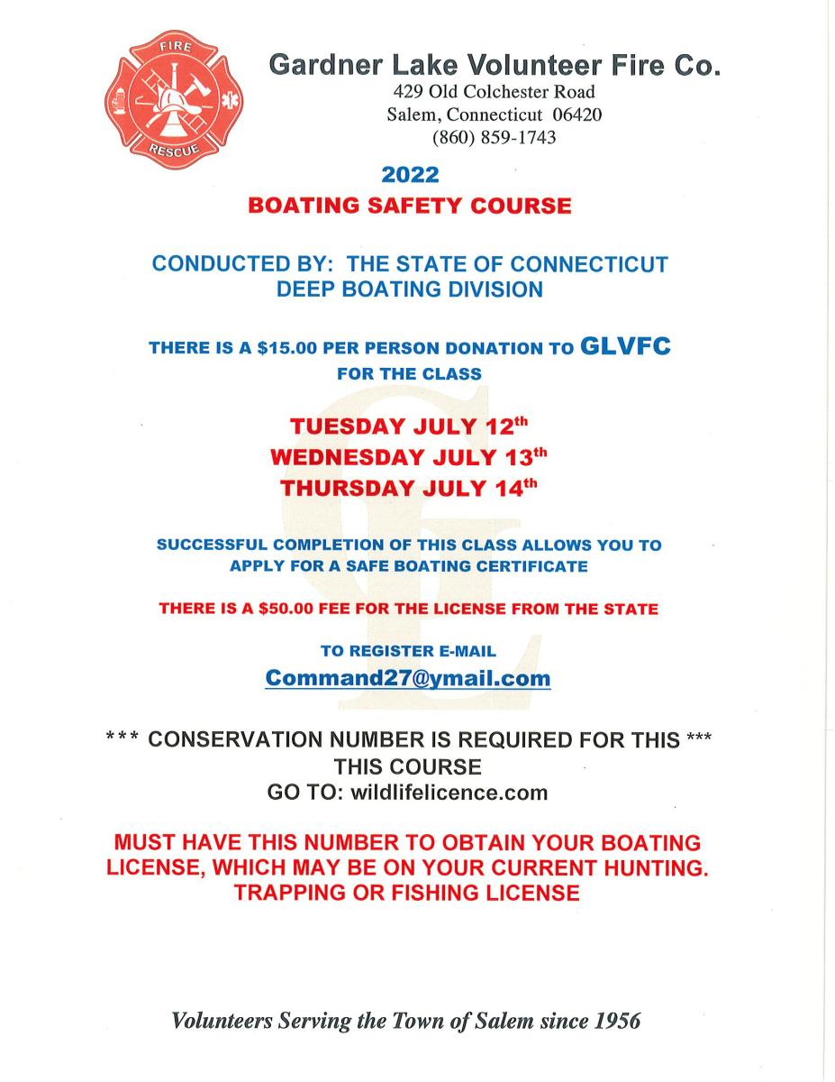 Gardner Lake Volunteer Fire Company 2022 CT DEEP Boating Safety Course, July 12-15