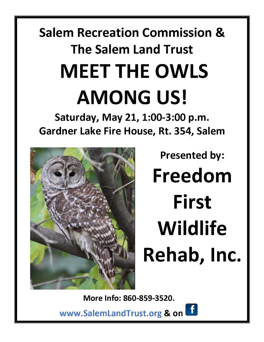 Meet the Owls Among Us, Saturday, May 21, 1pm, Gardner Lake Firehouse