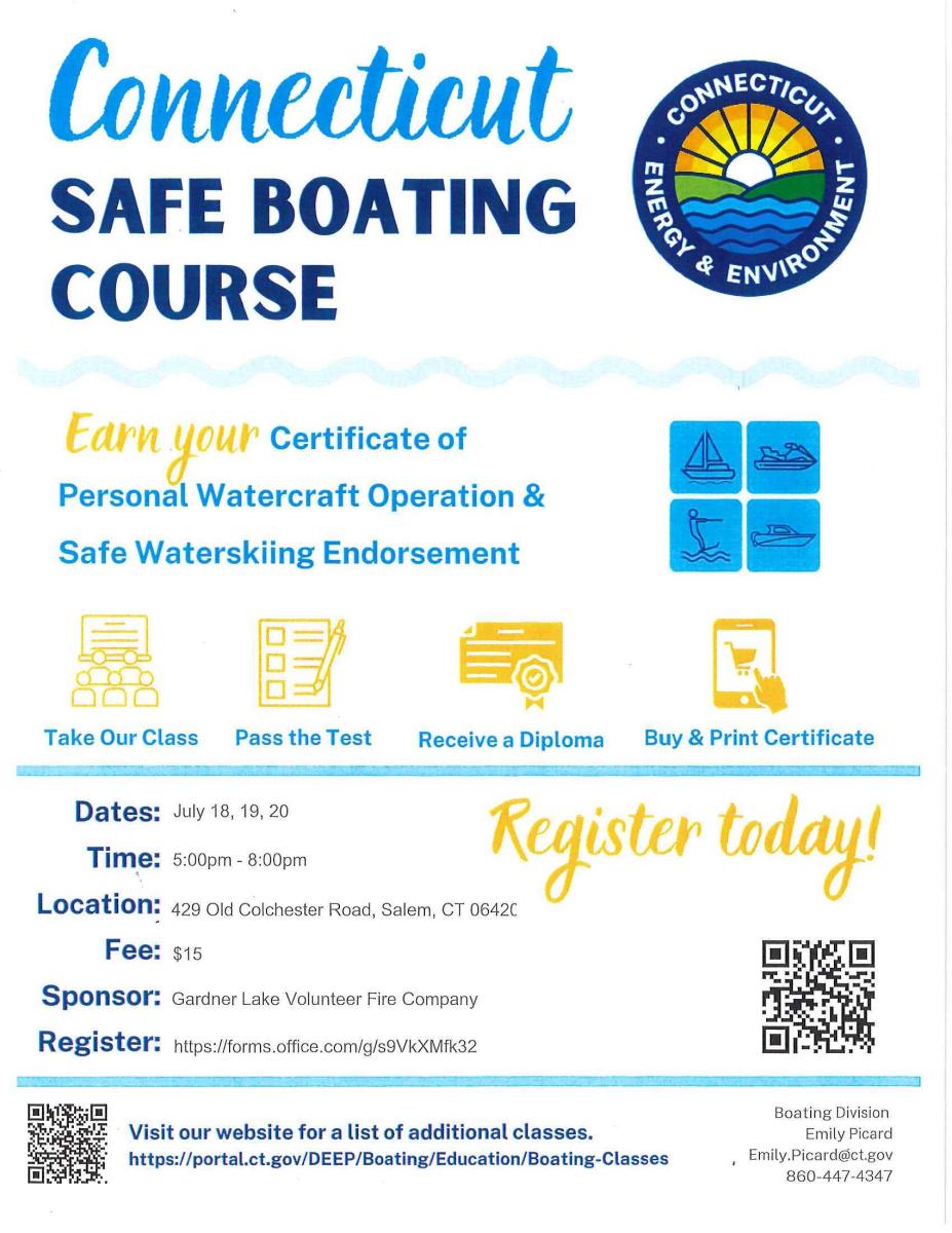 Connecticut Safe Boating Course, July 18-20, 5-8pm