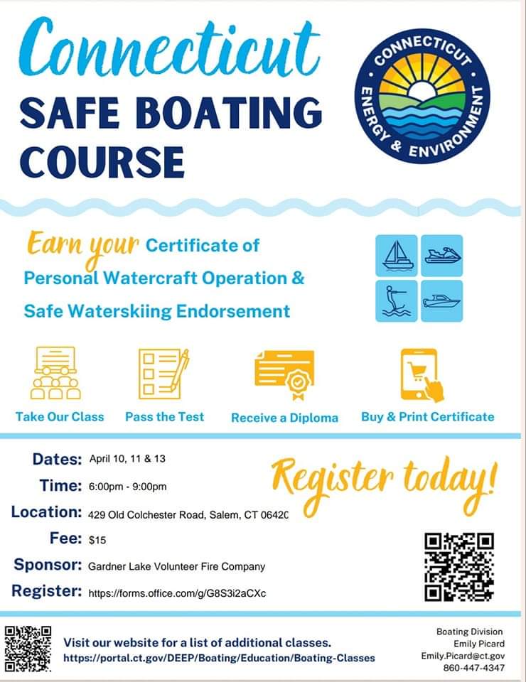 Connecticut Safe Boating Course, April 10, 11, 13, 6-9pm, Gardner Lake Volunteer Fire Company, 429 Old Colchester Road, $15