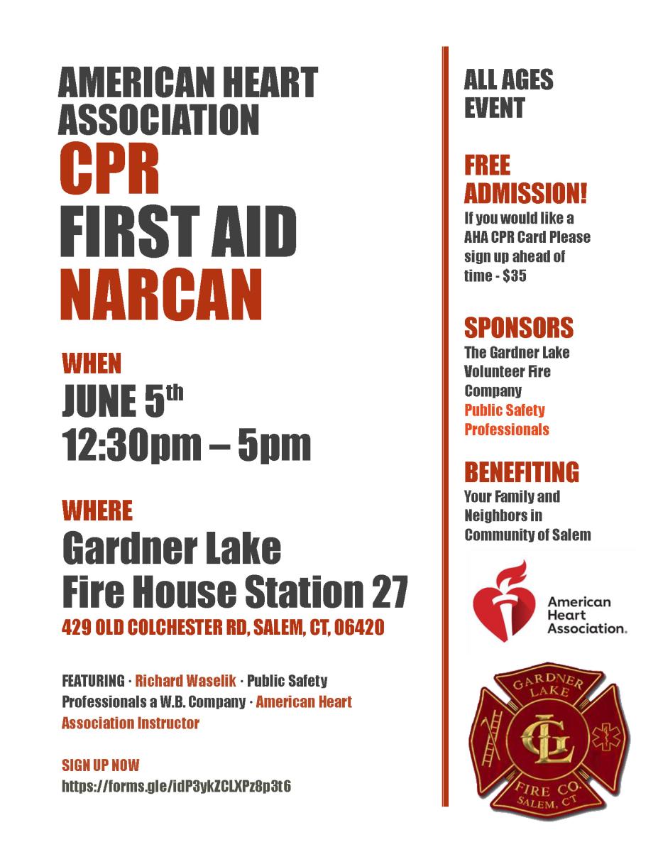 American Heart Association FREE CPR/First Aid/Narcan Class, Gardner Lake Volunteer Fire Company, June 5, 12:30 - 5:00 pm