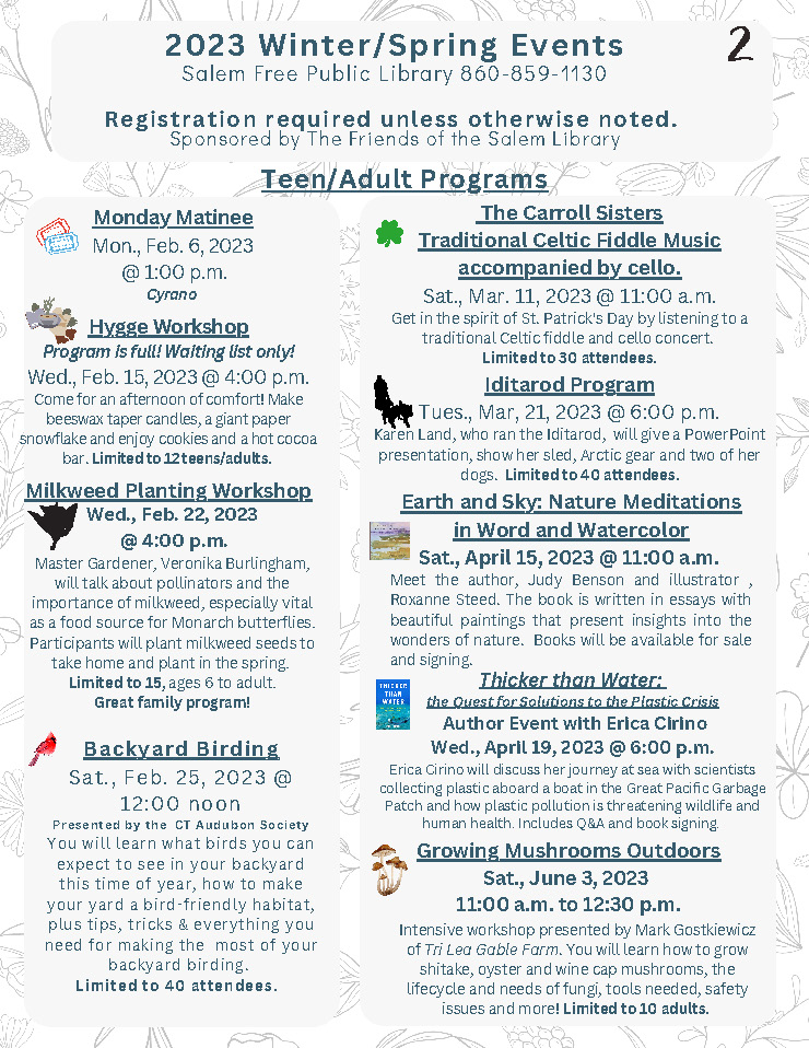 Salem Free Public Library Winter/Spring 2023 Events | Salem, CT