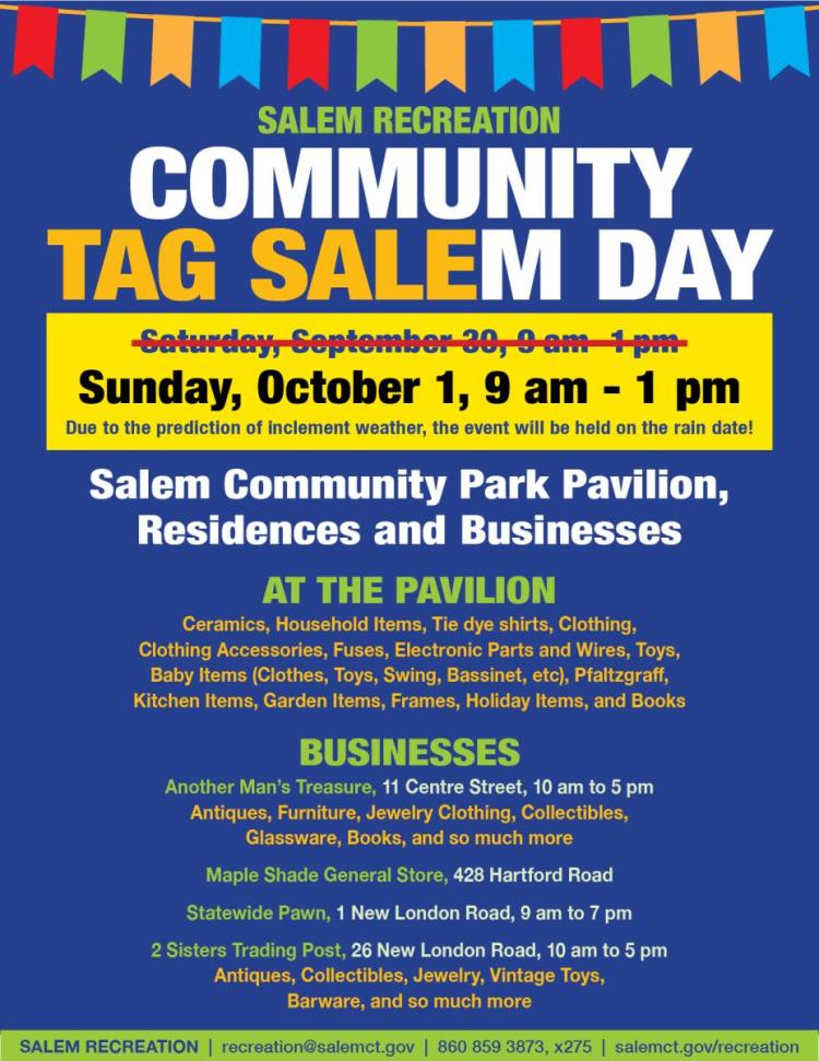 Community Tag Sale, Ssunday, October 1, 9 am, Salem Community Park Pavilion