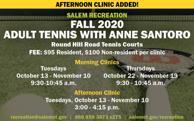 Afternoon Clinic Added: Fall 2020 Adult Tennis with Anne Santoro